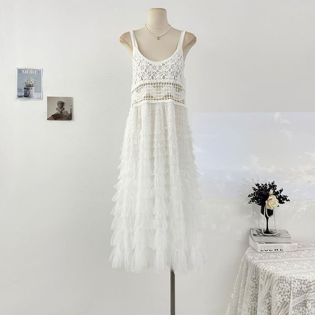 Spaghetti Strap Tiered Crochet Panel Mesh Maxi A-Line Overall Dress