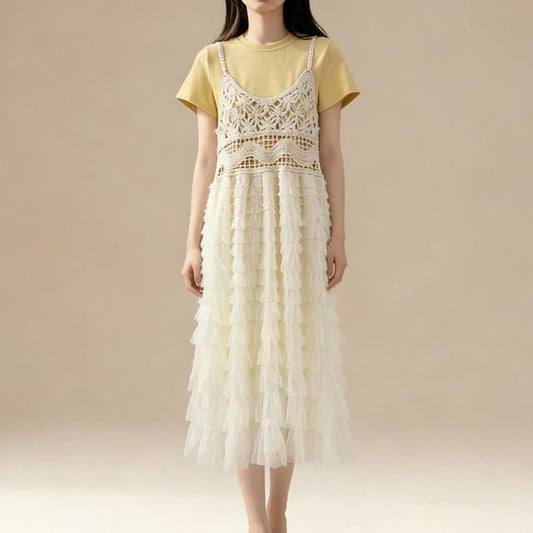 Spaghetti Strap Tiered Crochet Panel Mesh Maxi A-Line Overall Dress