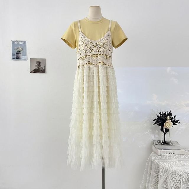 Spaghetti Strap Tiered Crochet Panel Mesh Maxi A-Line Overall Dress