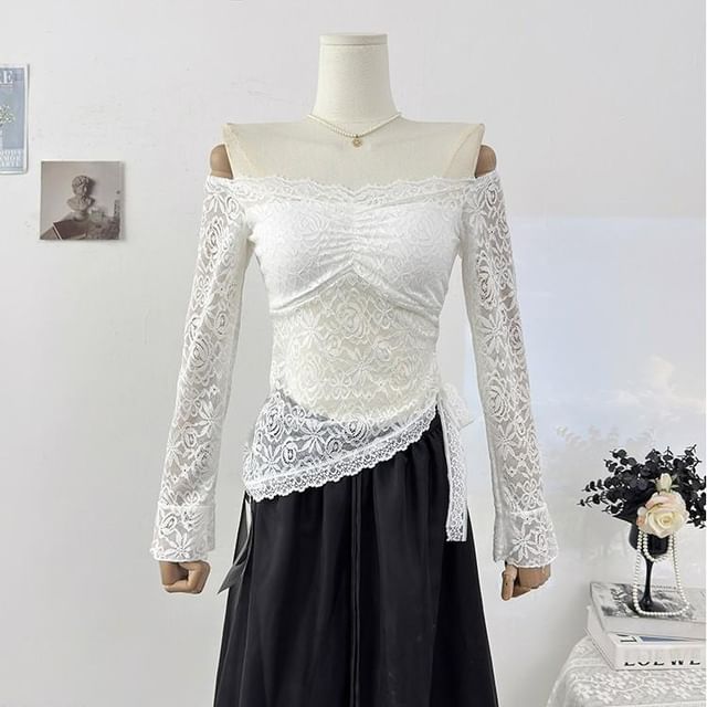 Asymmetrical Off-Shoulder Lace Top with Long Sleeves