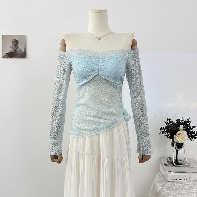Asymmetrical Off-Shoulder Lace Top with Long Sleeves