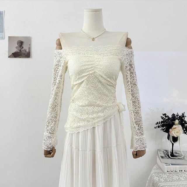 Asymmetrical Off-Shoulder Lace Top with Long Sleeves