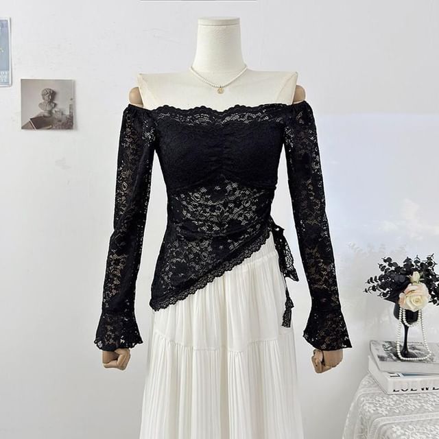 Asymmetrical Off-Shoulder Lace Top with Long Sleeves