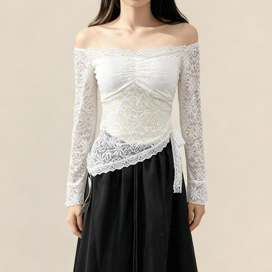 Asymmetrical Off-Shoulder Lace Top with Long Sleeves