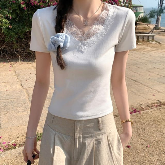 Ribbed V-Neck Lace-Trim T-Shirt with Short Sleeves