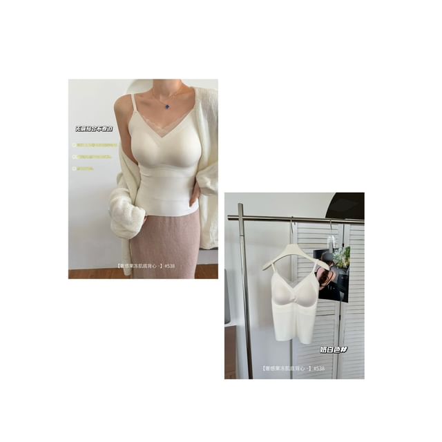 V-Neck Lace Trim Plain Camisole Top