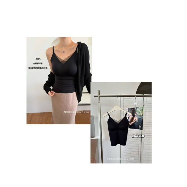 V-Neck Lace Trim Plain Camisole Top