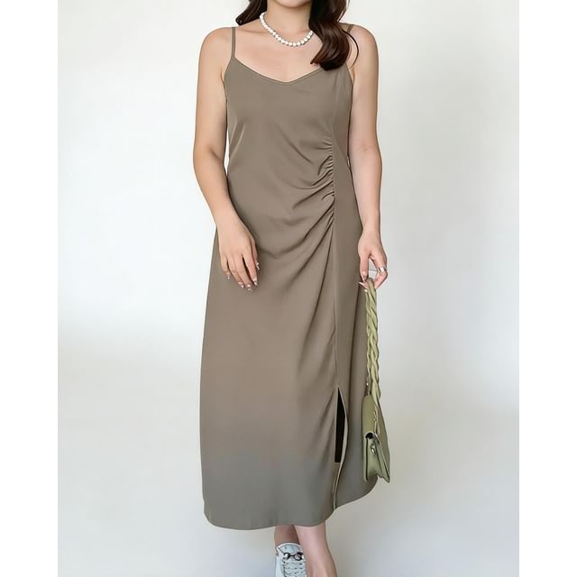 Spaghetti Strap V-Neck Plain Ruched Side-Slit Midi Sheath Dress