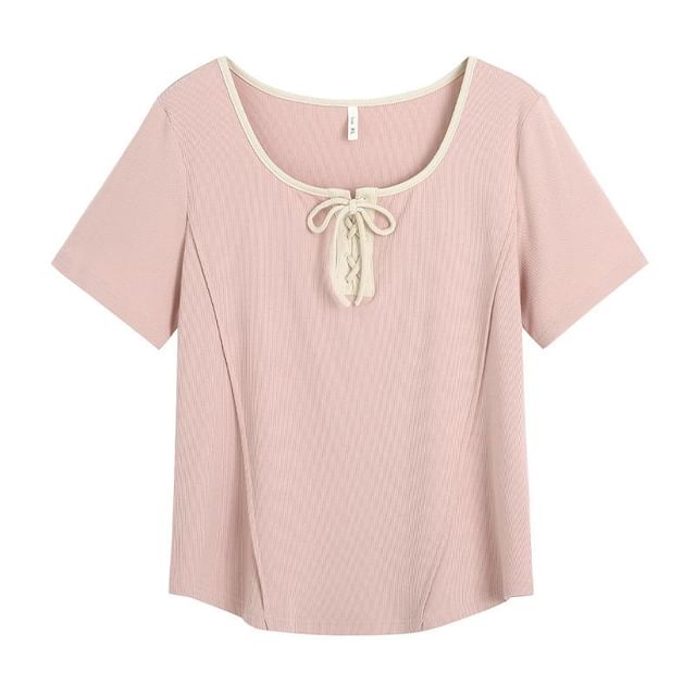 Scoop Neck Lace-Up T-Shirt with Short Sleeves