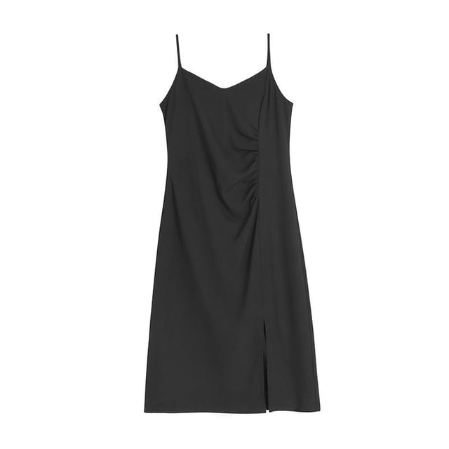 Spaghetti Strap V-Neck Plain Ruched Side-Slit Midi Sheath Dress