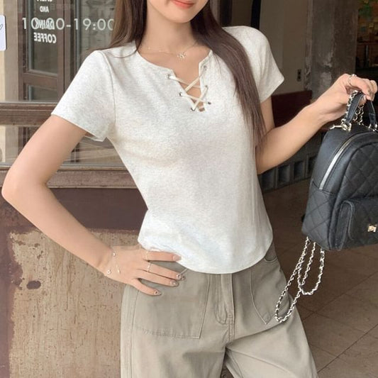 Melange Lace-Up T-Shirt with Short Sleeves