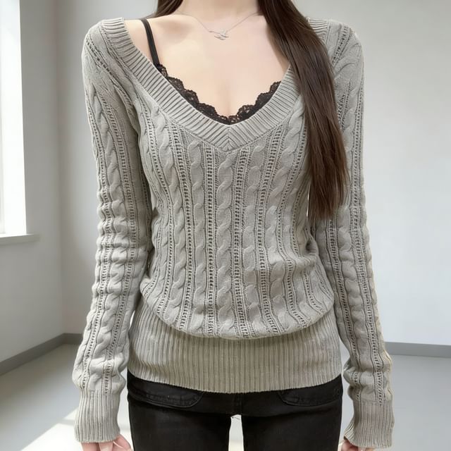 Cable Knit V-Neck Sweater with Lace Camisole