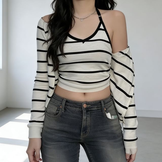 Set: Halter V-Neck Striped Knit Camisole Top + Button Up Cardigan
