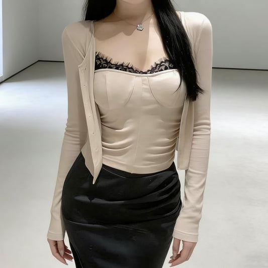Round Neck Lace-Trim Camisole with Cardigan