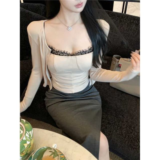 Round Neck Lace-Trim Camisole with Cardigan