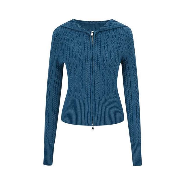 Hooded Plain Zip Cable Knit Cardigan