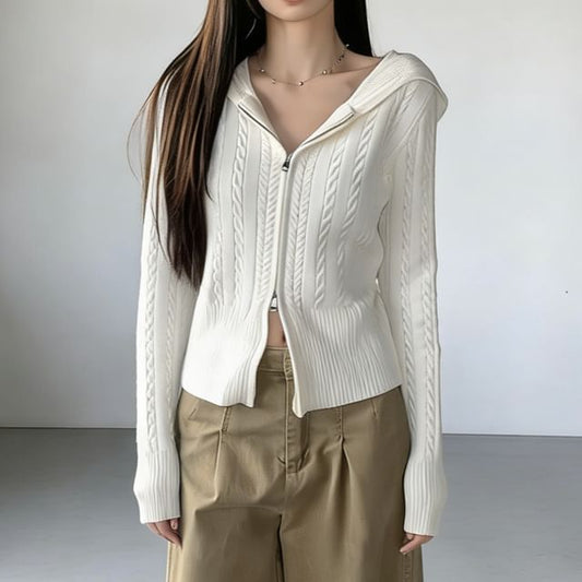 Hooded Plain Zip Cable Knit Cardigan