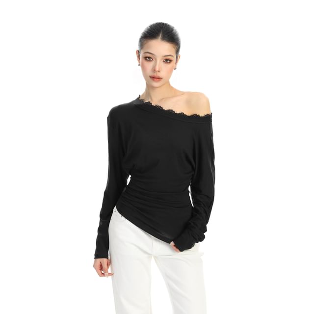 Off-Shoulder Lace-Trim T-Shirt with Long Sleeves