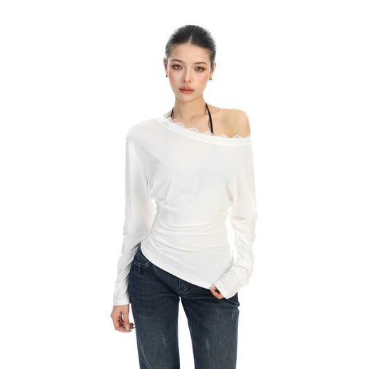 Off-Shoulder Lace-Trim T-Shirt with Long Sleeves