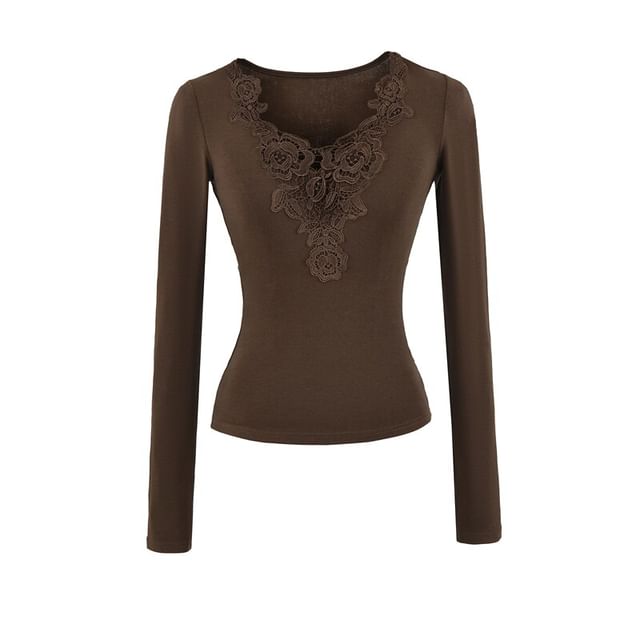 Lace Panel V-Neck Slim Fit T-Shirt with Long Sleeves