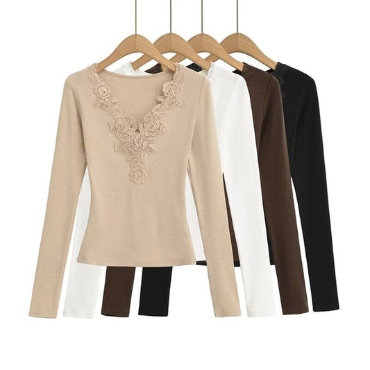 Lace Panel V-Neck Slim Fit T-Shirt with Long Sleeves