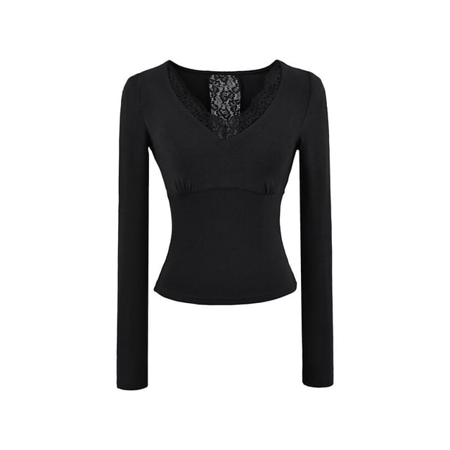 Lace Panel V-Neck Crop T-Shirt with Long Sleeves