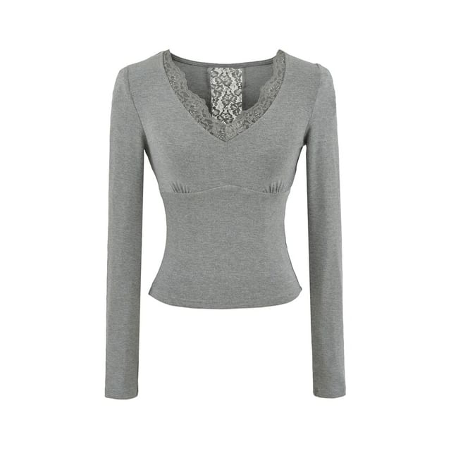 Lace Panel V-Neck Crop T-Shirt with Long Sleeves
