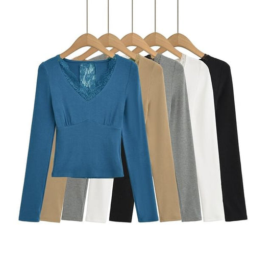 Lace Panel V-Neck Crop T-Shirt with Long Sleeves