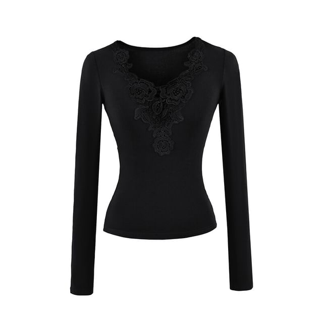 Lace Panel V-Neck Slim Fit T-Shirt with Long Sleeves