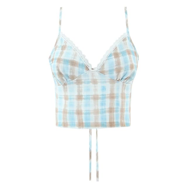 Plaid Lace-Trim Camisole and High-Waist Fishtail Mini Skirt Set