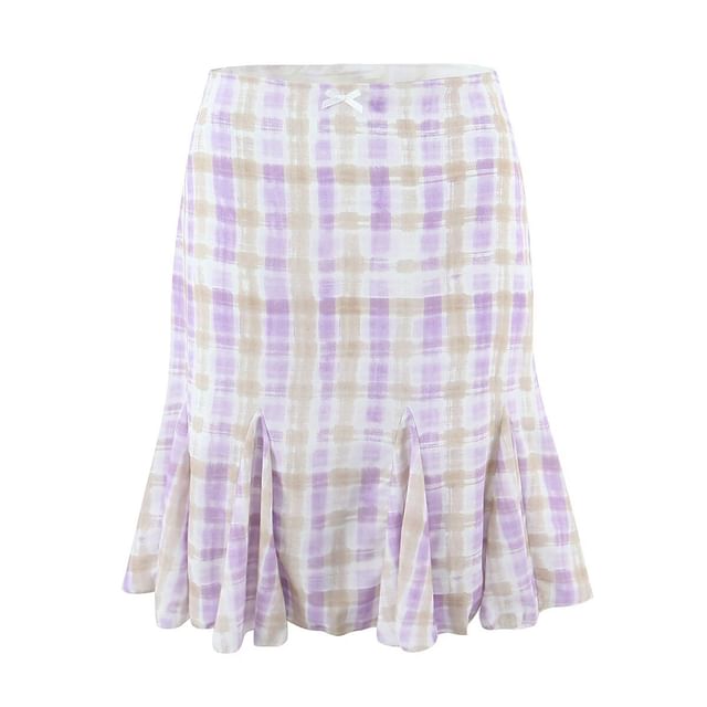 Plaid Lace-Trim Camisole and High-Waist Fishtail Mini Skirt Set
