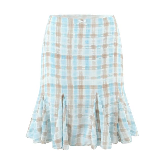 Plaid Lace-Trim Camisole and High-Waist Fishtail Mini Skirt Set