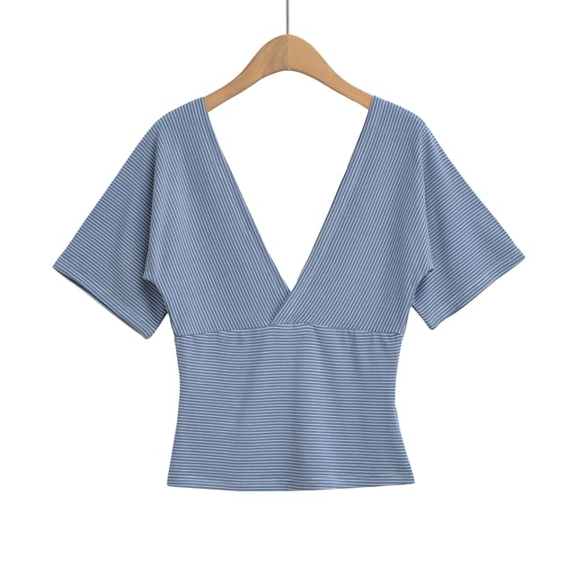 Slim-Fit Striped V-Neck Crop Tee with Short Sleeves