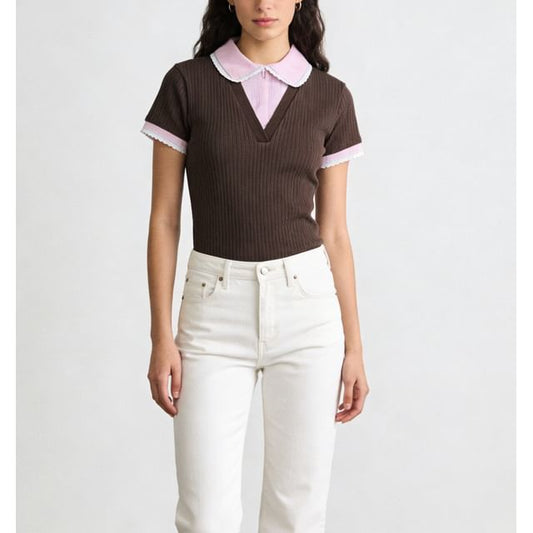 Short Sleeve Mock Two Piece Plaid Paneled Knit Top