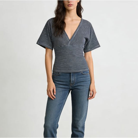 Slim-Fit Striped V-Neck Crop Tee with Short Sleeves