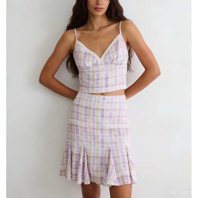 Plaid Lace-Trim Camisole and High-Waist Fishtail Mini Skirt Set