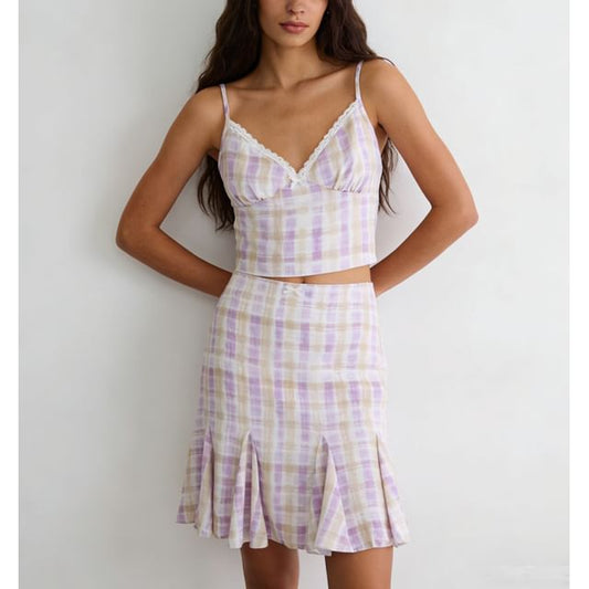 Plaid Lace-Trim Camisole and High-Waist Fishtail Mini Skirt Set