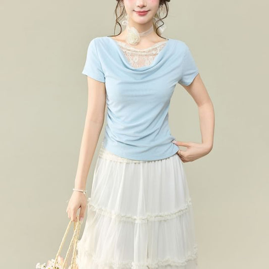 Short-Sleeved Cowl Neck Lace Panel Crop Top