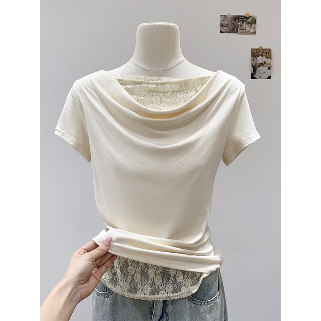 Short-Sleeved Cowl Neck Lace Panel Crop Top