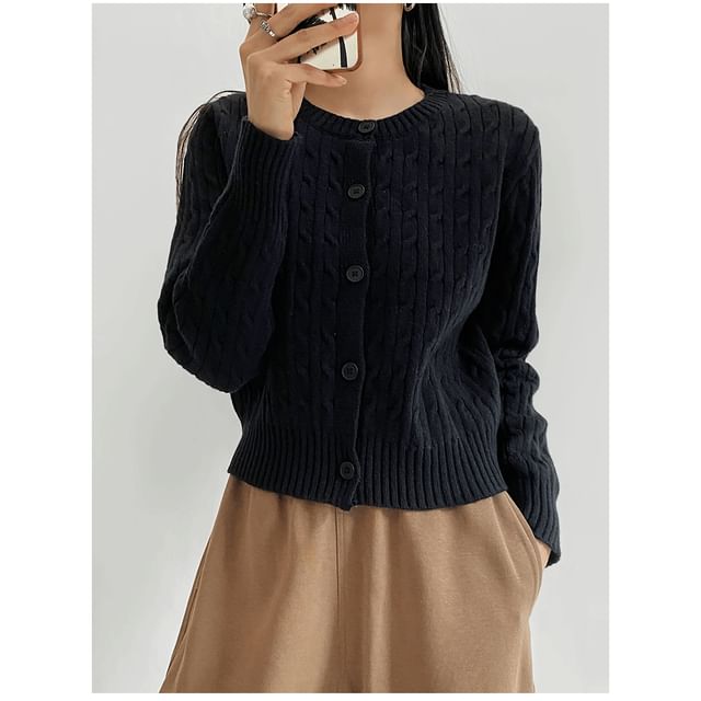 Round Neck Plain Button Up Cable Knit Cardigan