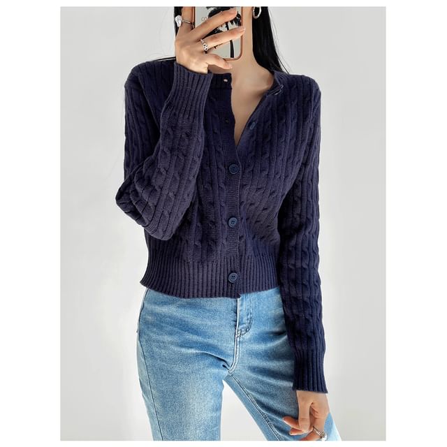 Round Neck Plain Button Up Cable Knit Cardigan