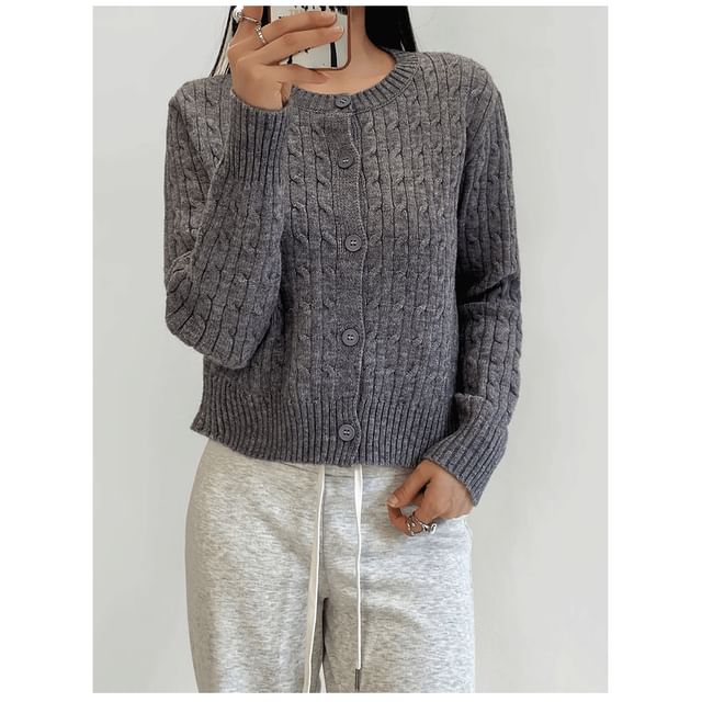 Round Neck Plain Button Up Cable Knit Cardigan
