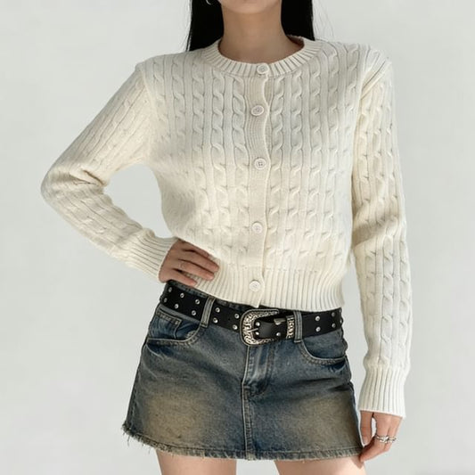 Round Neck Plain Button Up Cable Knit Cardigan