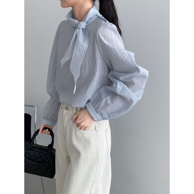 Tie Neck Long Sleeve Solid Blouse
