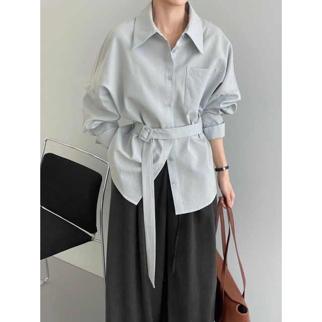 Belted Collared Long Sleeve Solid Shirt