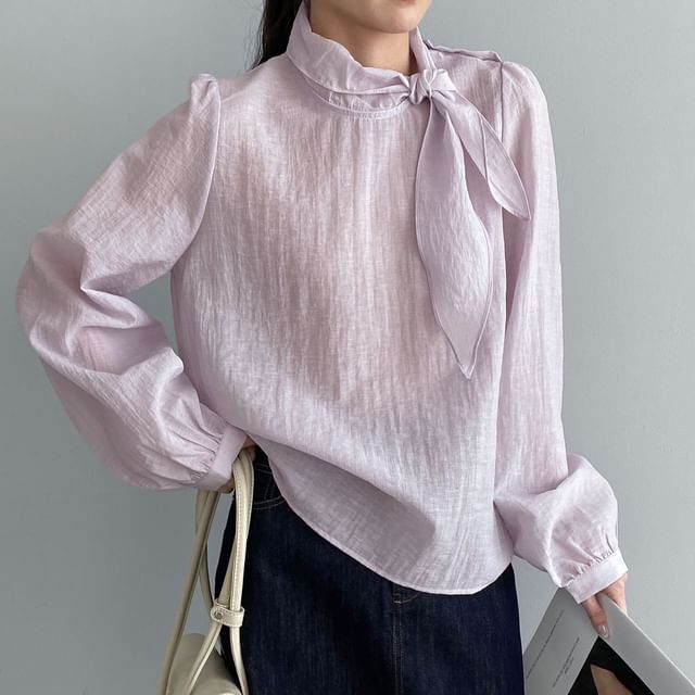 Tie Neck Long Sleeve Solid Blouse