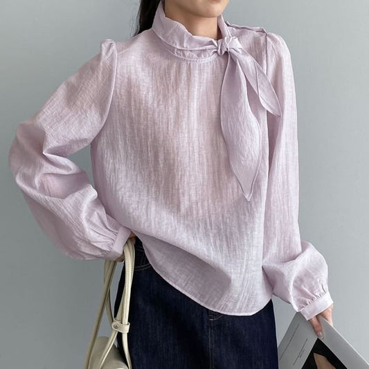 Tie Neck Long Sleeve Solid Blouse