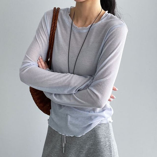 Lettuce Edge Round Neck Long Sleeve Top