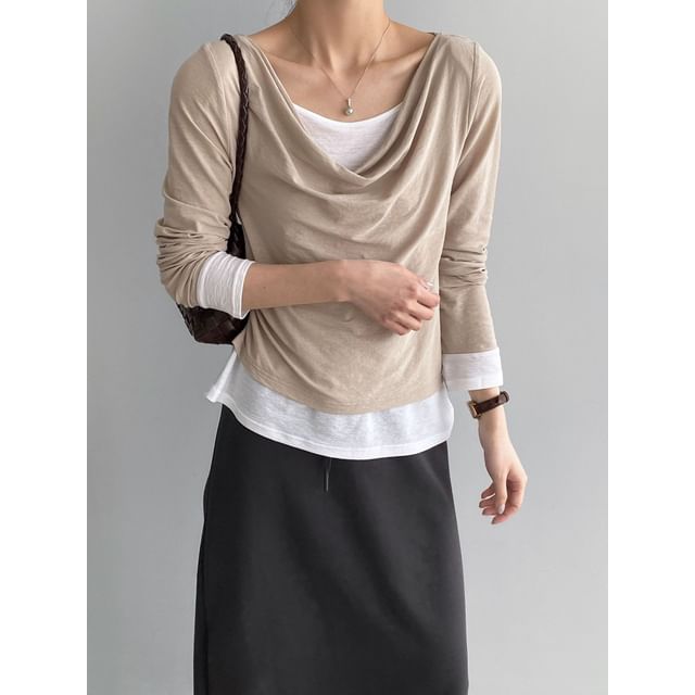 Mock Two-Piece Cowl Neck Long Sleeve Top