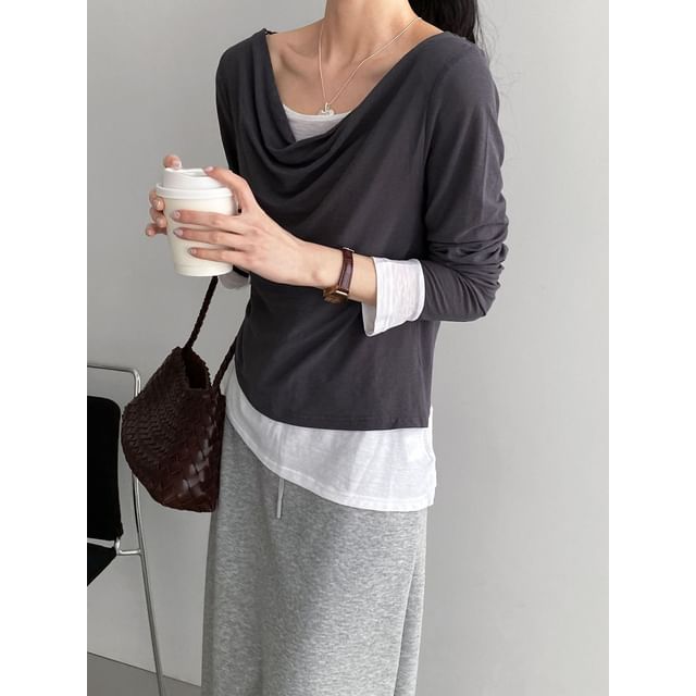 Mock Two-Piece Cowl Neck Long Sleeve Top